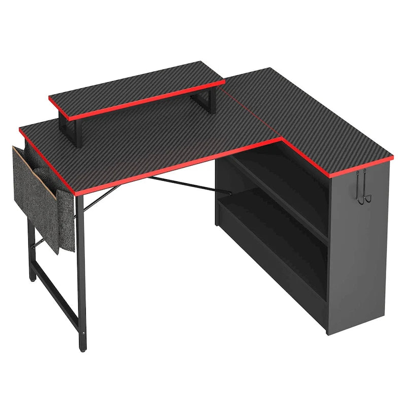 42-Inch Reversible L-Shaped Gaming Desk with LED Lights and Storage Shelves