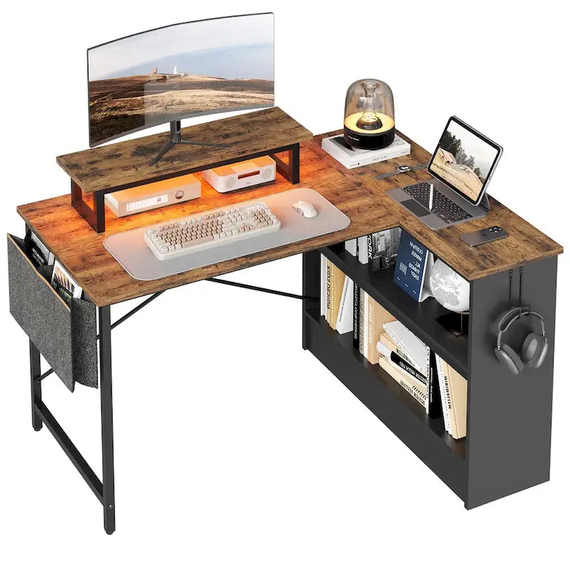 42-Inch Reversible L-Shaped Gaming Desk with LED Lights and Storage Shelves