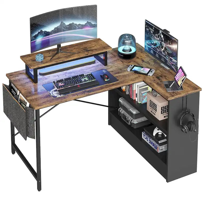 42-Inch Reversible L-Shaped Gaming Desk with LED Lights and Storage Shelves
