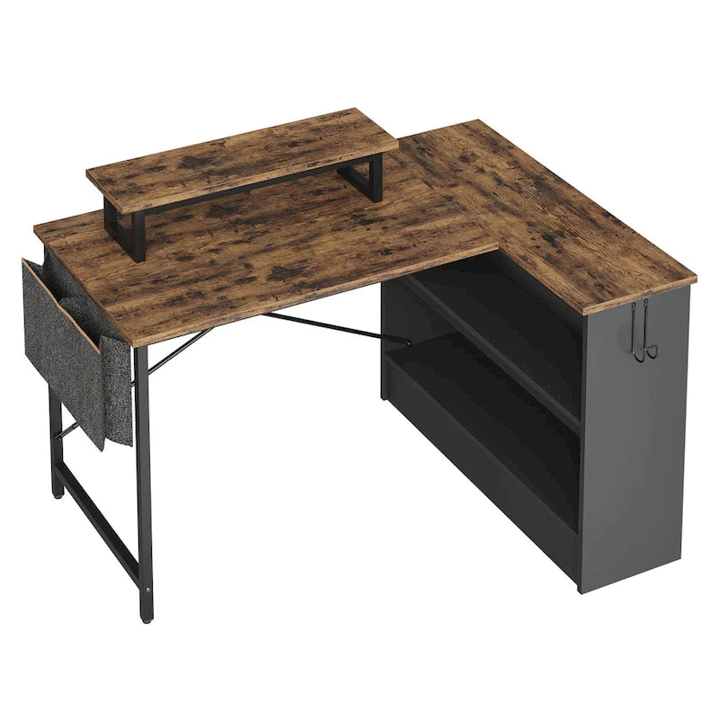 42-Inch Reversible L-Shaped Gaming Desk with LED Lights and Storage Shelves