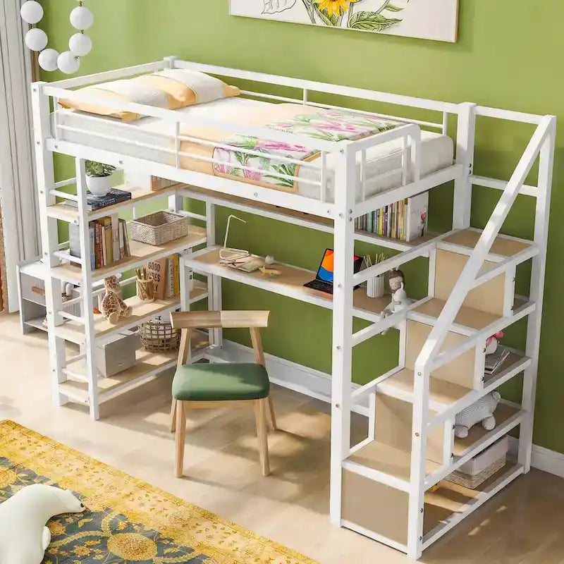 Twin Size Metal Loft Bed with Staircase, Built-in Desk and Storage Shelves, White