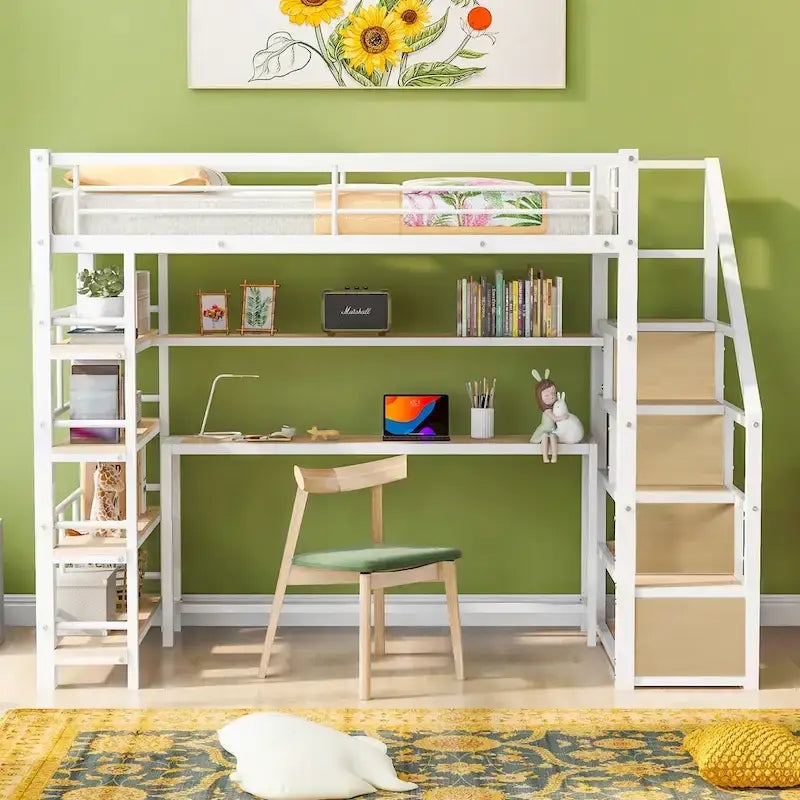 Twin Size Metal Loft Bed with Staircase, Built-in Desk and Storage Shelves, White