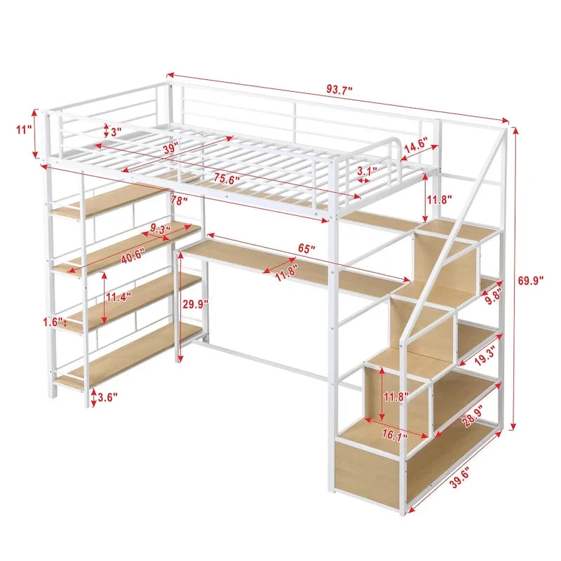 Twin Size Metal Loft Bed with Staircase, Built-in Desk and Storage Shelves, White