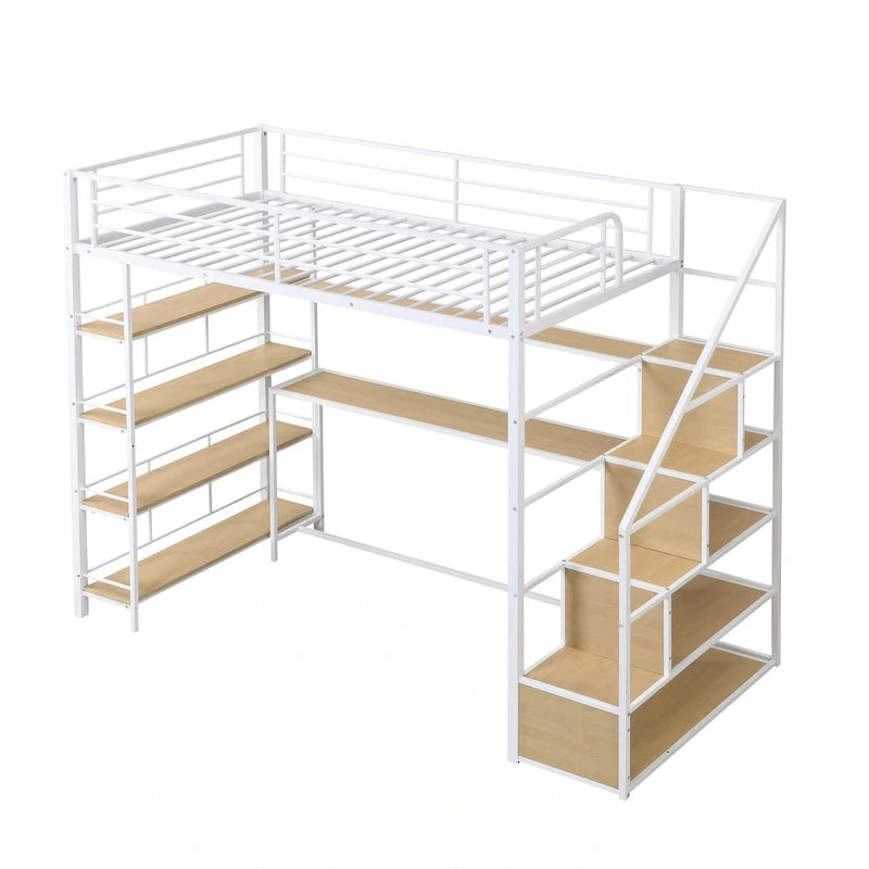 Twin Size Metal Loft Bed with Staircase, Built-in Desk and Storage Shelves, White