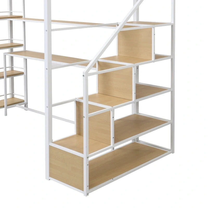 Twin Size Metal Loft Bed with Staircase, Built-in Desk and Storage Shelves, White