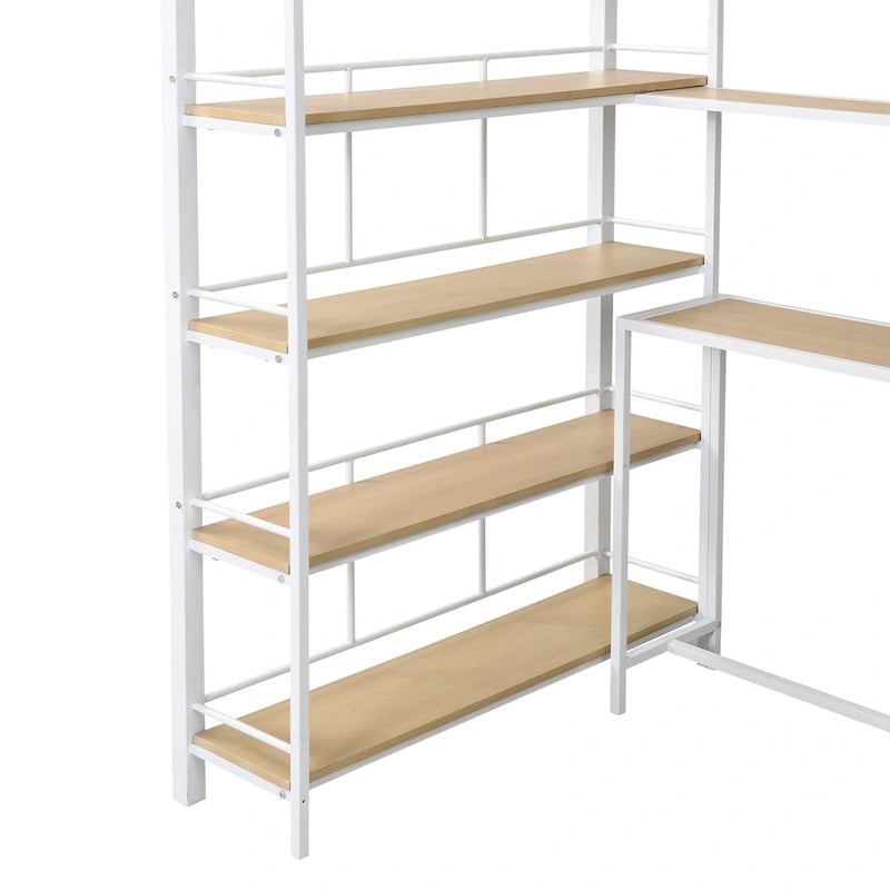 Twin Size Metal Loft Bed with Staircase, Built-in Desk and Storage Shelves, White
