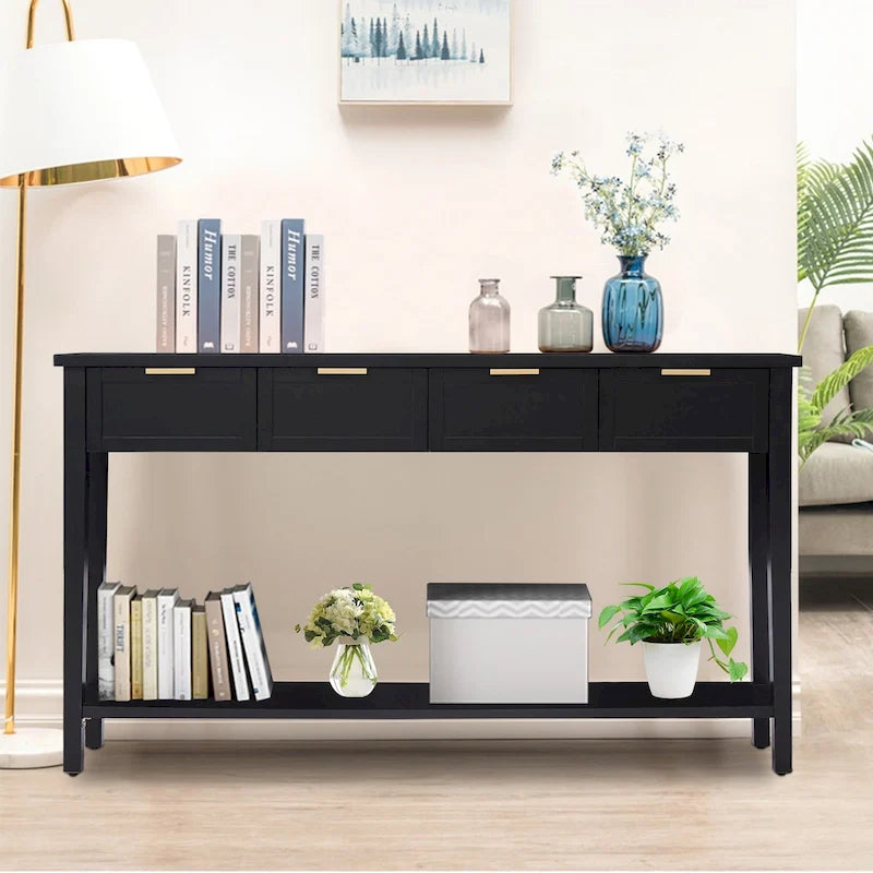 Modern Black Console Table with Four Drawers and Open Shelf