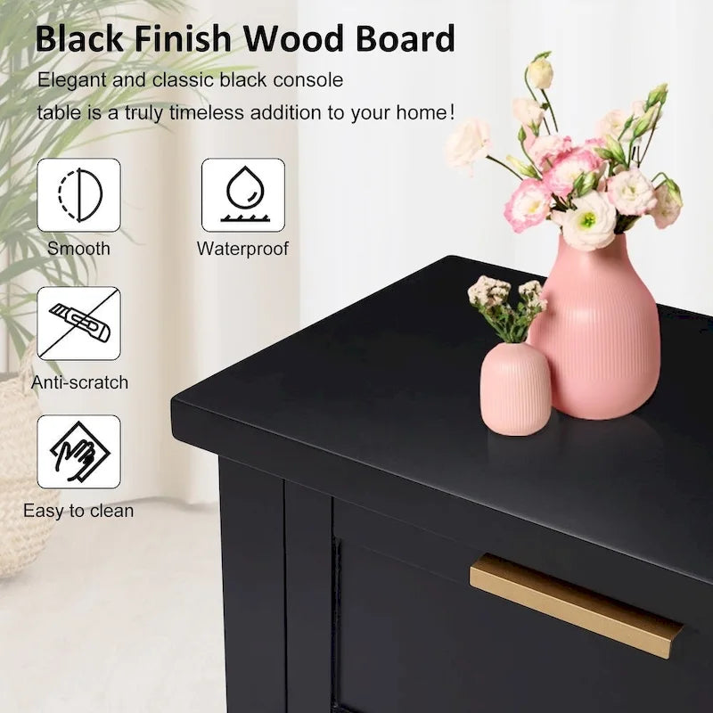 Modern Black Console Table with Four Drawers and Open Shelf