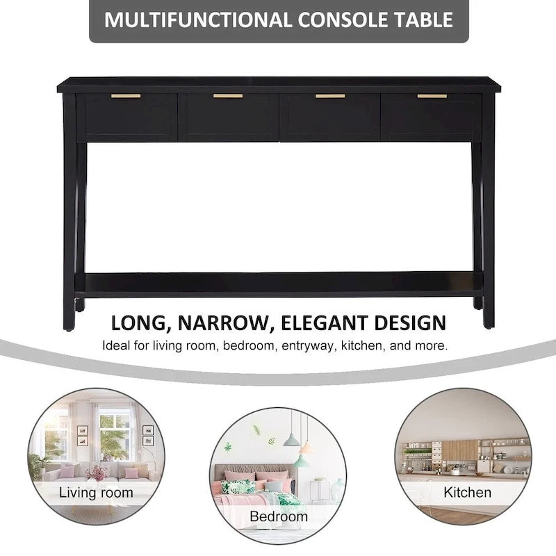 Modern Black Console Table with Four Drawers and Open Shelf