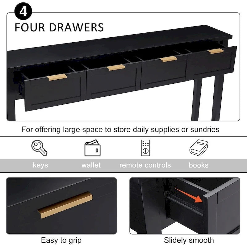 Modern Black Console Table with Four Drawers and Open Shelf