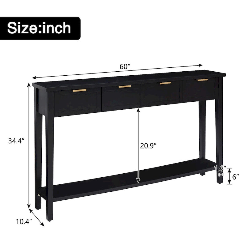 Modern Black Console Table with Four Drawers and Open Shelf