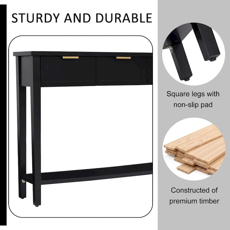 Modern Black Console Table with Four Drawers and Open Shelf