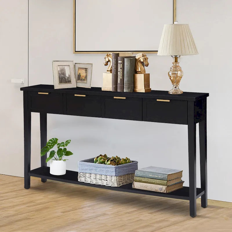 Modern Black Console Table with Four Drawers and Open Shelf