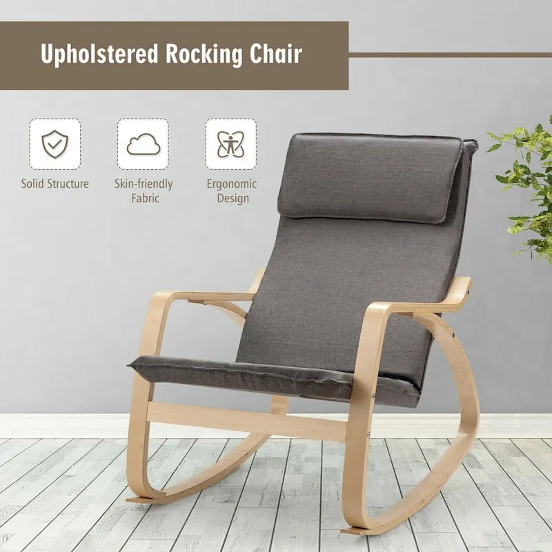 Modern Bentwood Rocking Chair Fabric Upholstered Relax Rocker Lounge Chair