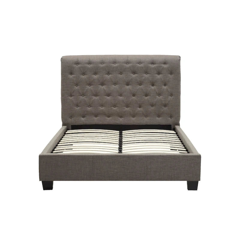 Rue Low Profile Queen Bed, Button Tufted Uphosltered Rolled Back, Gray