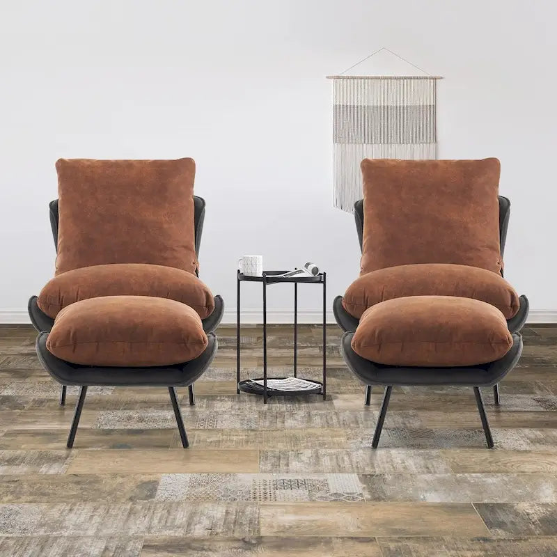 Zestaw 2 foteli pomocniczych w stylu mid-century z podnóżkiem, tapicerowanych skórą ekologiczną