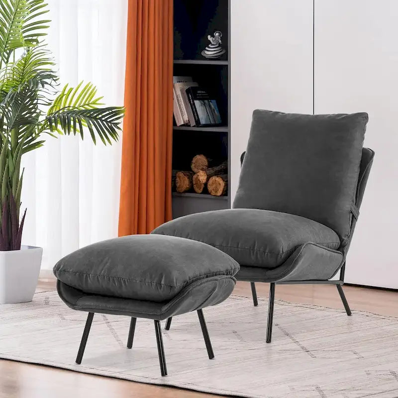 Zestaw 2 foteli pomocniczych w stylu mid-century z podnóżkiem, tapicerowanych skórą ekologiczną