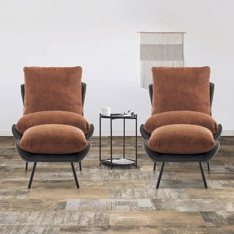 Set aus 2 Akzentstühlen im Mid-Century-Stil mit Hocker und Kunstlederbezug