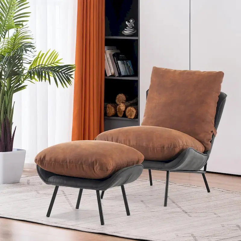 Set aus 2 Akzentstühlen im Mid-Century-Stil mit Hocker und Kunstlederbezug