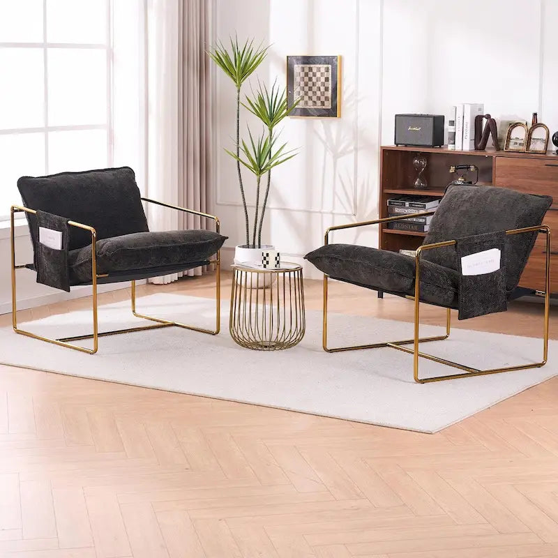 Upholstered Hanging Armchairs with Arm Pockets and Metal Frames, Set of 2