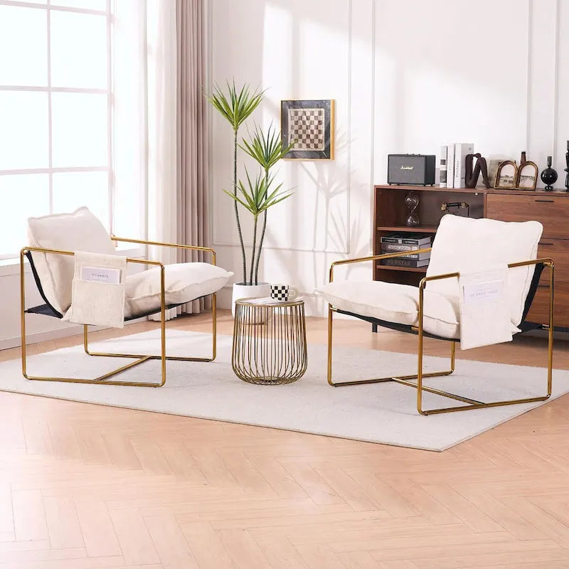 Upholstered Hanging Armchairs with Arm Pockets and Metal Frames, Set of 2
