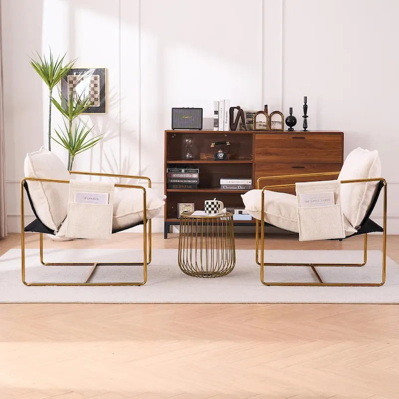 Upholstered Hanging Armchairs with Arm Pockets and Metal Frames, Set of 2