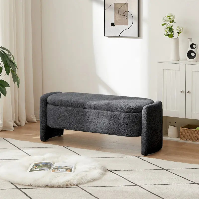 Oval Lamb Fleece Storage Ottoman Bench with Hidden Storage