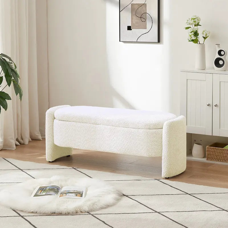 Oval Lamb Fleece Storage Ottoman Bench with Hidden Storage