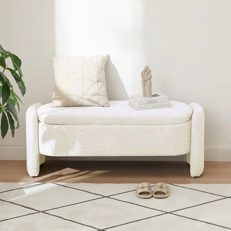 Oval Lamb Fleece Storage Ottoman Bench with Hidden Storage