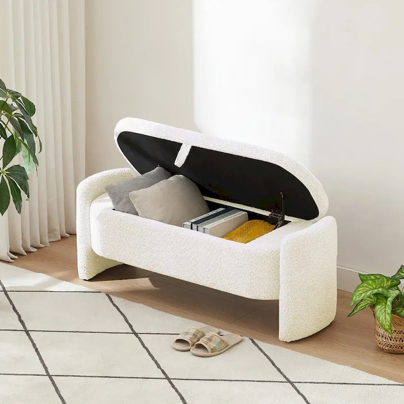 Oval Lamb Fleece Storage Ottoman Bench with Hidden Storage