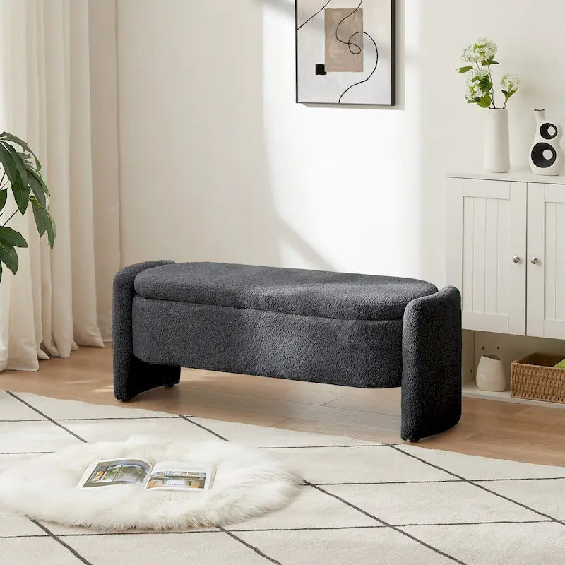 Oval Lamb Fleece Storage Ottoman Bench with Hidden Storage
