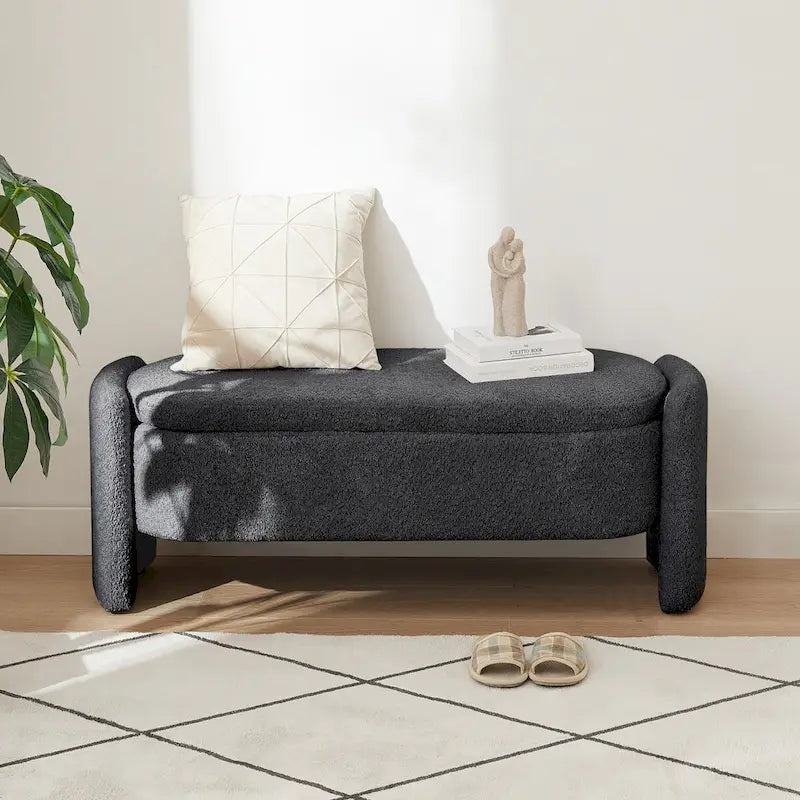 Oval Lamb Fleece Storage Ottoman Bench with Hidden Storage