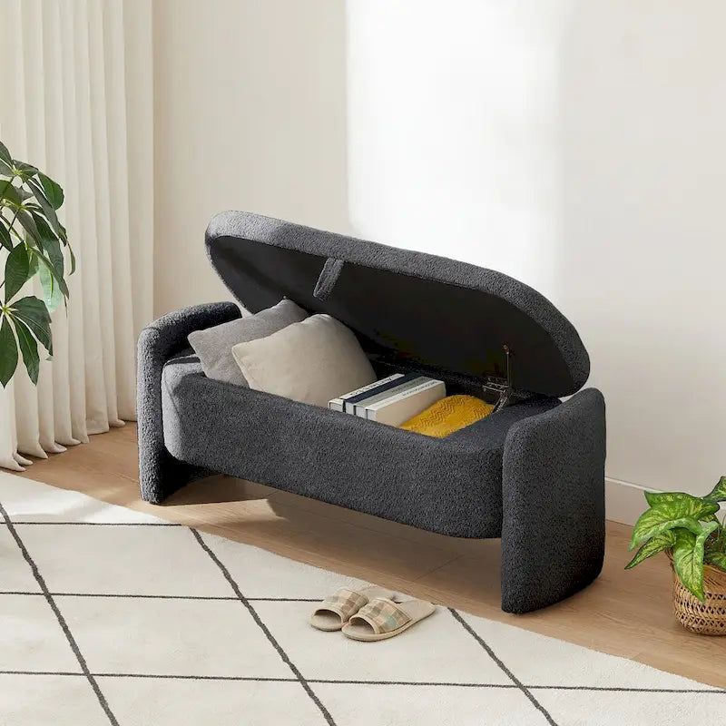 Oval Lamb Fleece Storage Ottoman Bench with Hidden Storage