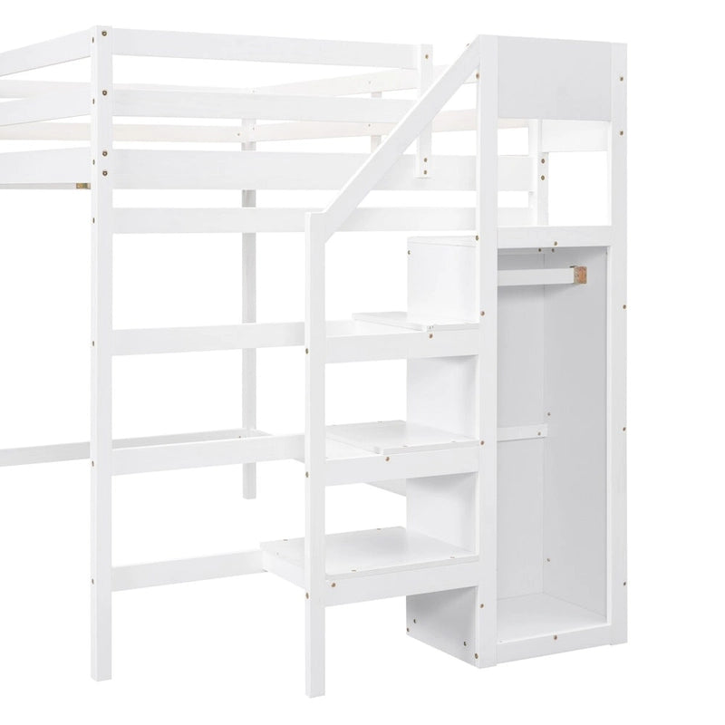 Full Size Loft Bed with Built-in Storage Wardrobe and Staircase