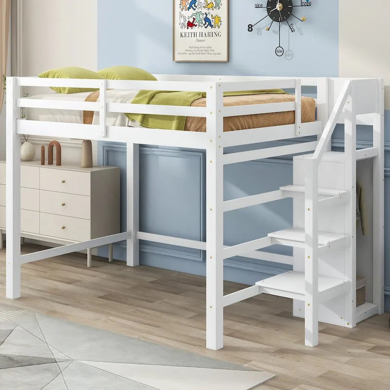 Full Size Loft Bed with Built-in Storage Wardrobe and Staircase