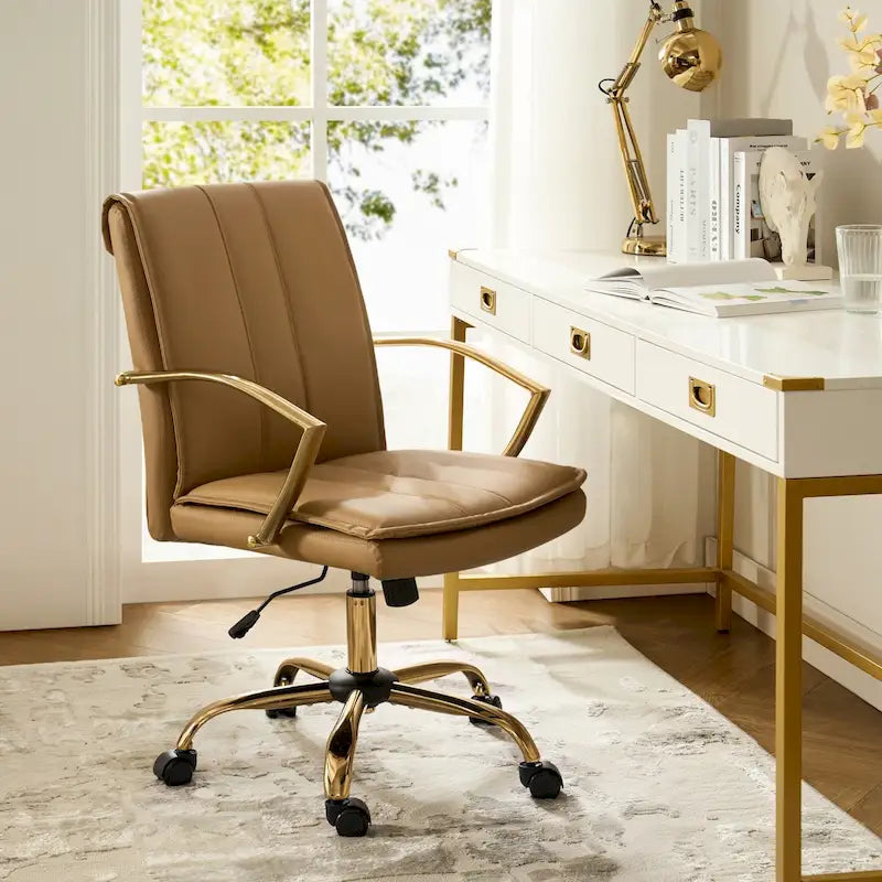 Modern Faux Leather Swivel Rocking Office Chair with Gold Metal Base