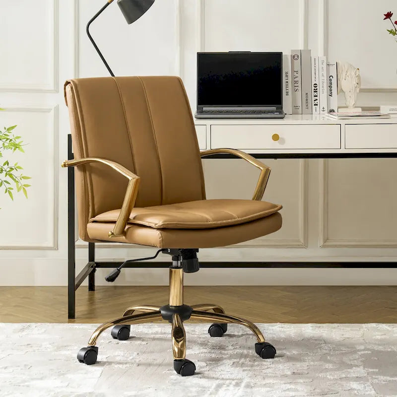 Modern Faux Leather Swivel Rocking Office Chair with Gold Metal Base