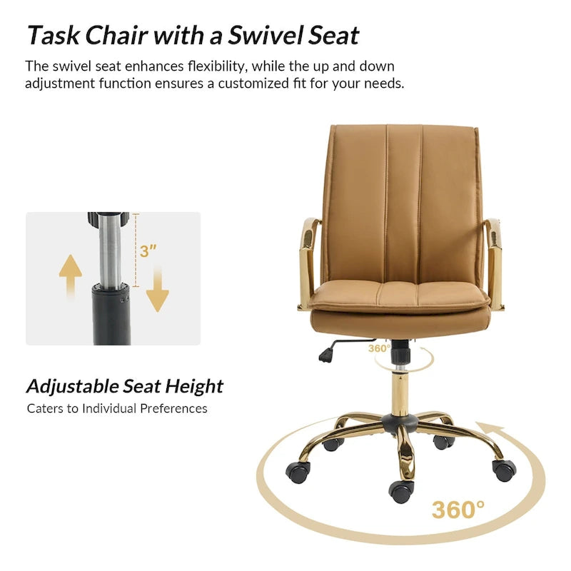 Modern Faux Leather Swivel Rocking Office Chair with Gold Metal Base