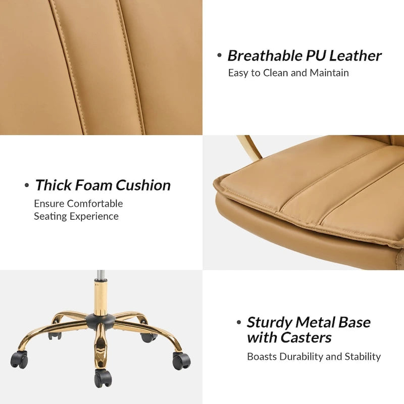 Modern Faux Leather Swivel Rocking Office Chair with Gold Metal Base