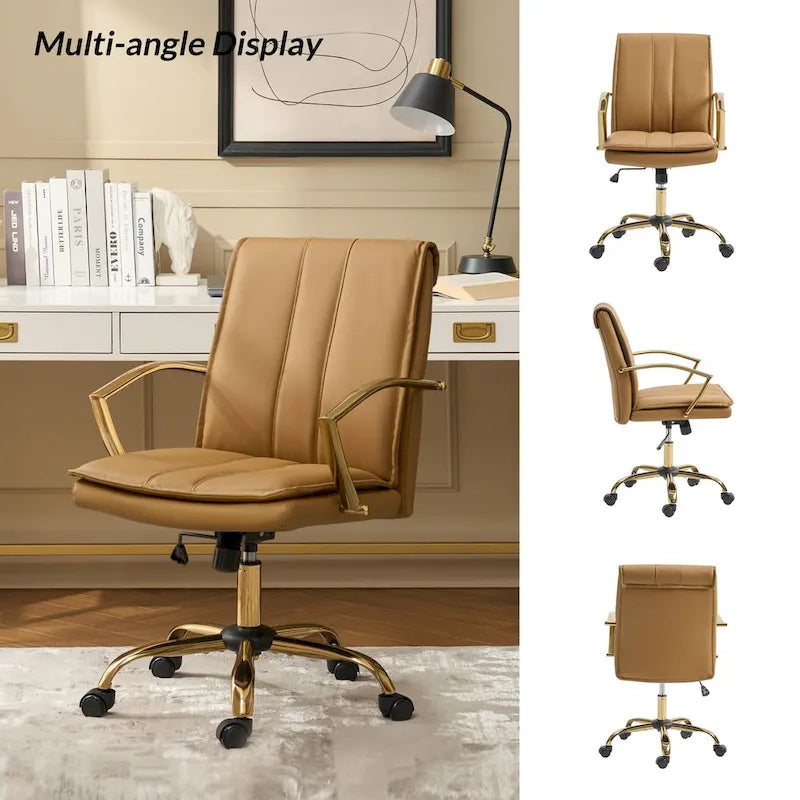 Modern Faux Leather Swivel Rocking Office Chair with Gold Metal Base