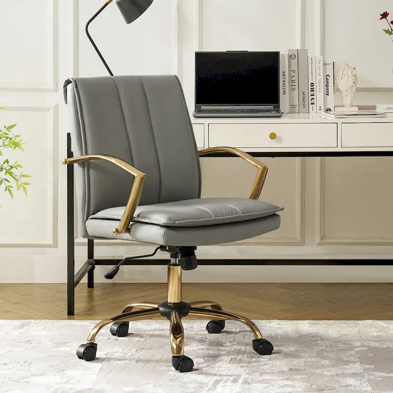Modern Faux Leather Swivel Rocking Office Chair with Gold Metal Base