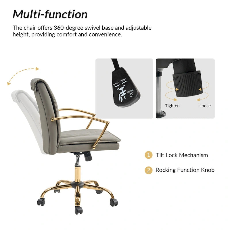 Modern Faux Leather Swivel Rocking Office Chair with Gold Metal Base