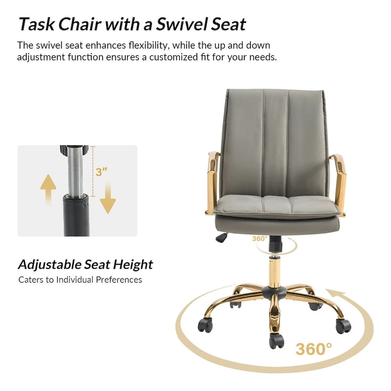 Modern Faux Leather Swivel Rocking Office Chair with Gold Metal Base