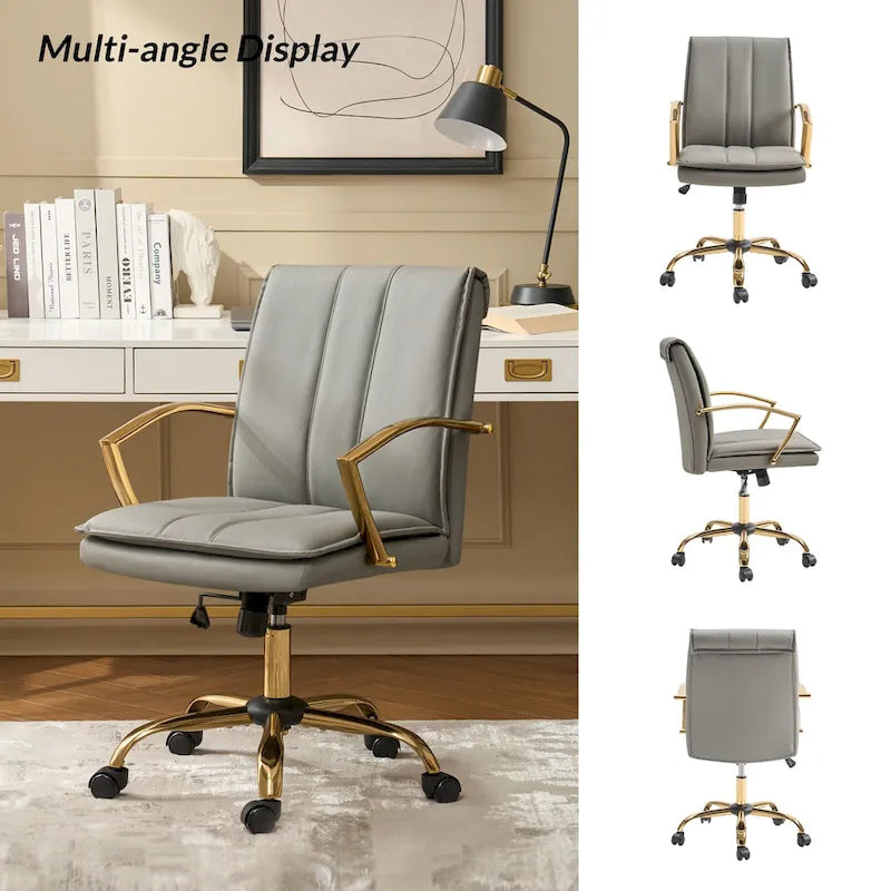 Modern Faux Leather Swivel Rocking Office Chair with Gold Metal Base