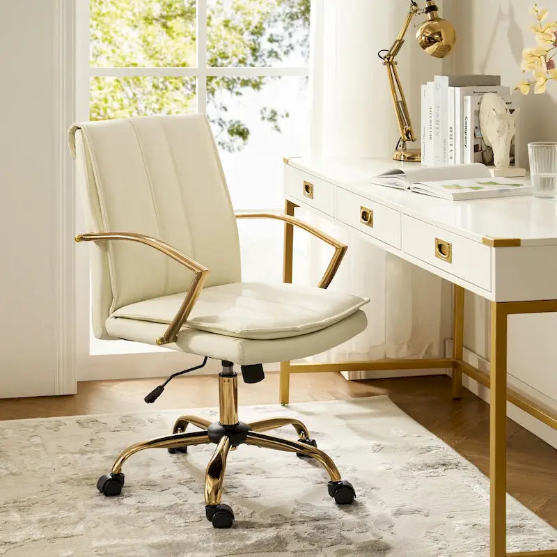 Modern Faux Leather Swivel Rocking Office Chair with Gold Metal Base