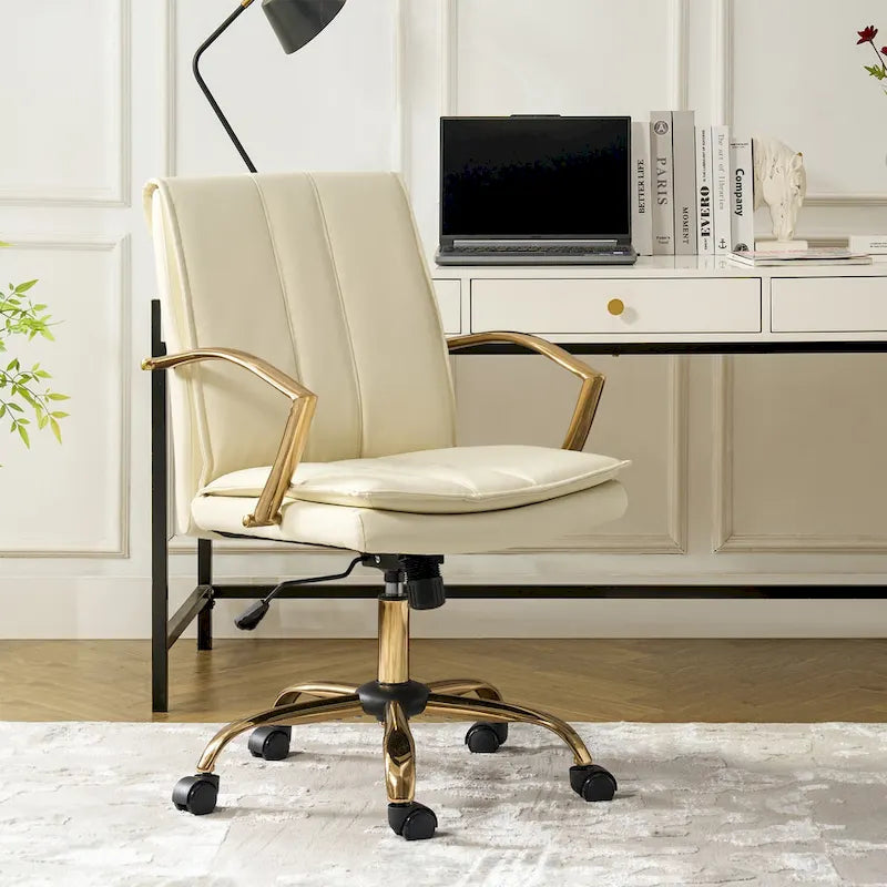Modern Faux Leather Swivel Rocking Office Chair with Gold Metal Base