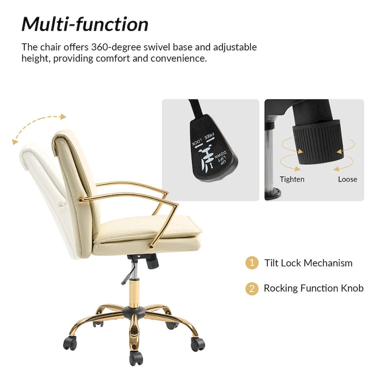 Modern Faux Leather Swivel Rocking Office Chair with Gold Metal Base