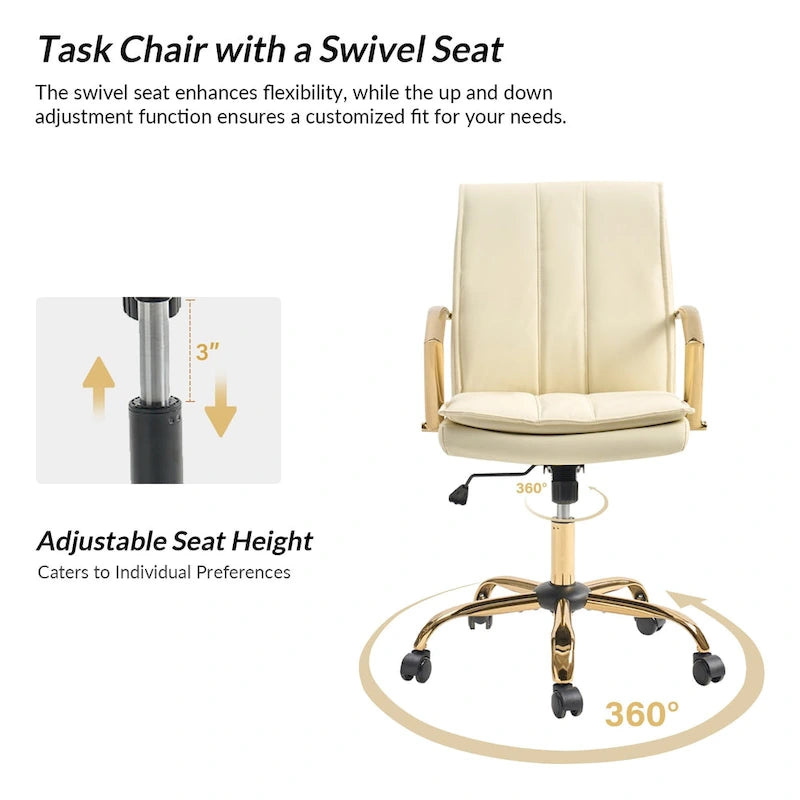 Modern Faux Leather Swivel Rocking Office Chair with Gold Metal Base