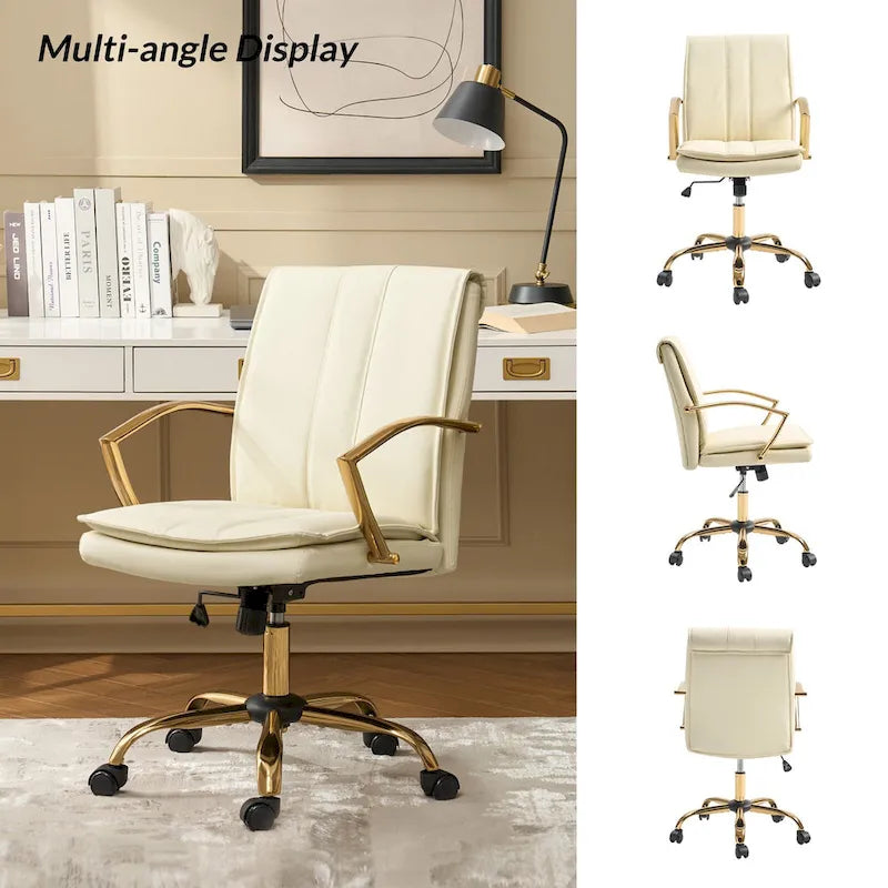 Modern Faux Leather Swivel Rocking Office Chair with Gold Metal Base