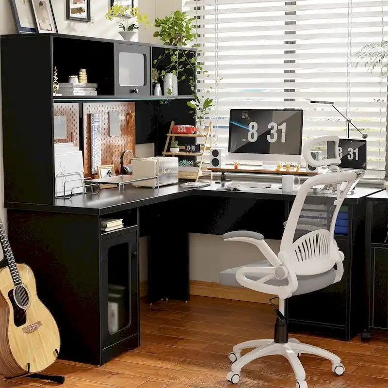 L-Shaped Corner Desk with File Cabinet, Hutch and Charging Station